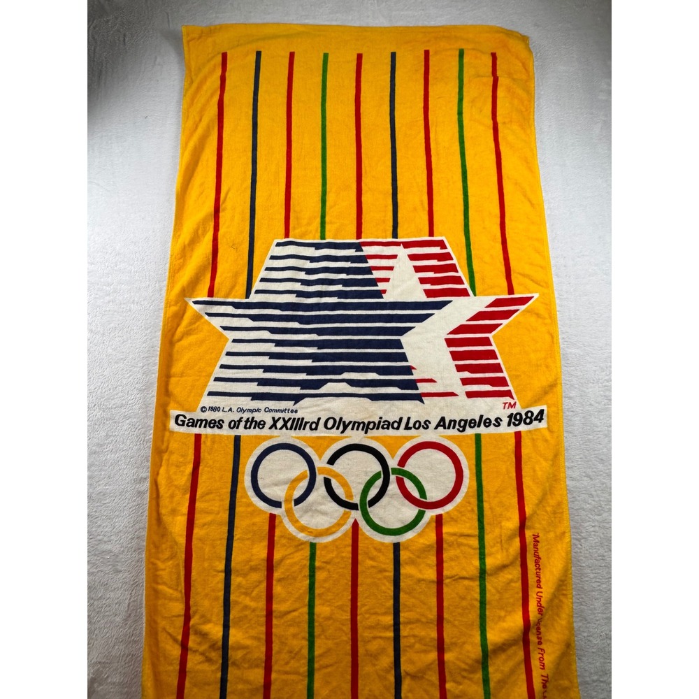 Vintage 1984 Los Angeles Olympics Beach Towel Franco Yellow Star in Motion Logo